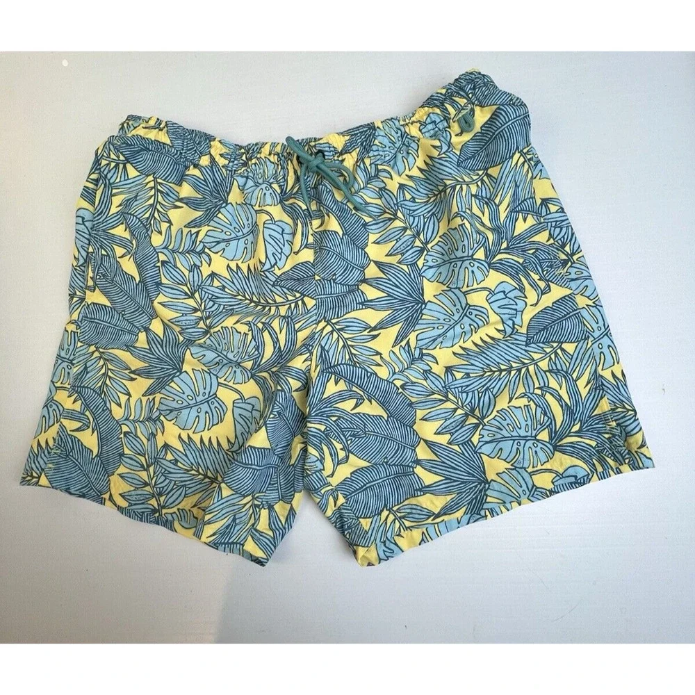 Eddie Bauer Swim Trunks Men's XL Yellow Blue Tropical Beach Pockets Drawstring